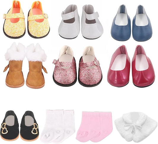 19Pcs 18 inch American Doll Accessories, 7 Pairs of Doll Shoes, 2 Pair of Socks and 1Pc Doll Cloak, Suitable for 18-inch Girl Dolls Brithday Presents Best Gift for Kid, Gril
