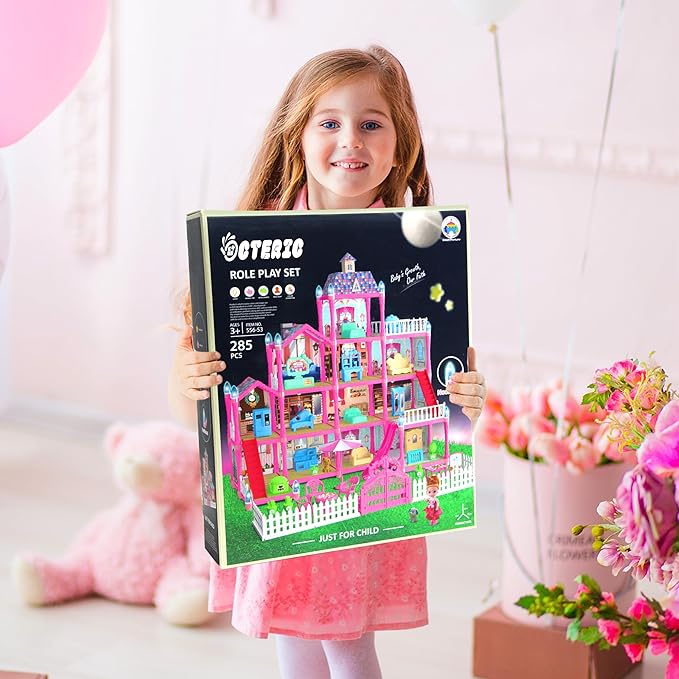 Doll House for Girls,13 Rooms Dollhouse with Dolls Figure, Puppies,Furnitures, Accessories, LED Light, Toddler Playhouse Gift for for 3 4 5 6 7 8 9 10 Year Old Girls Toys (Pink)