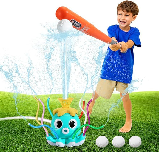 MoKo Water Sprinkler Baseball Toy for Kids Outdoor Play, 2 in 1 Octopus Baseball Water Games for Boys Girls, Yard Sprayer Sprinkler, Toddler Outdoor Toys for Backyard Garden Lawn Pool, Sky Blu Octopus