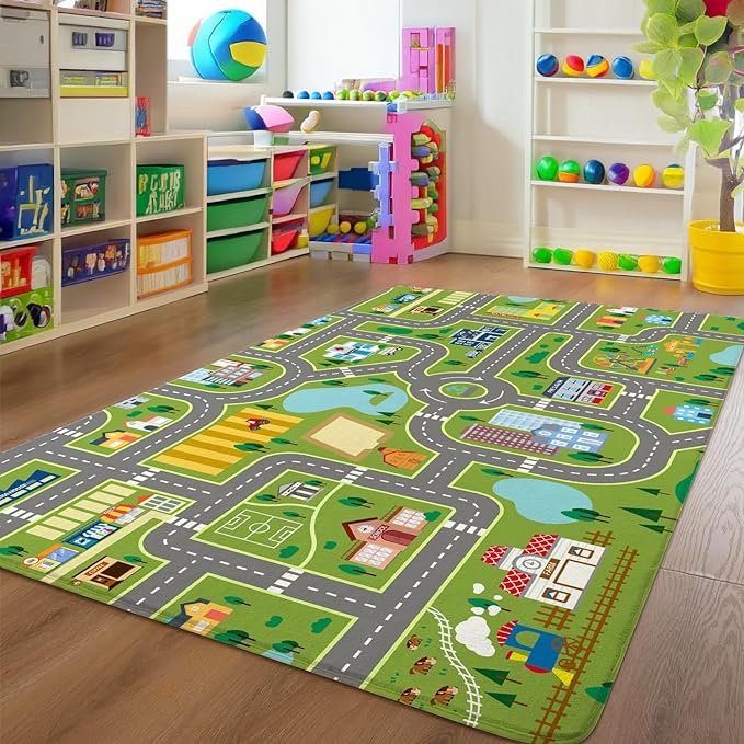 Kids Roommat Rug City Life Great for Playroom Classroom Bedroom - Non-Slip City Pretend Room Mat (Large- 5 x 7 FT)