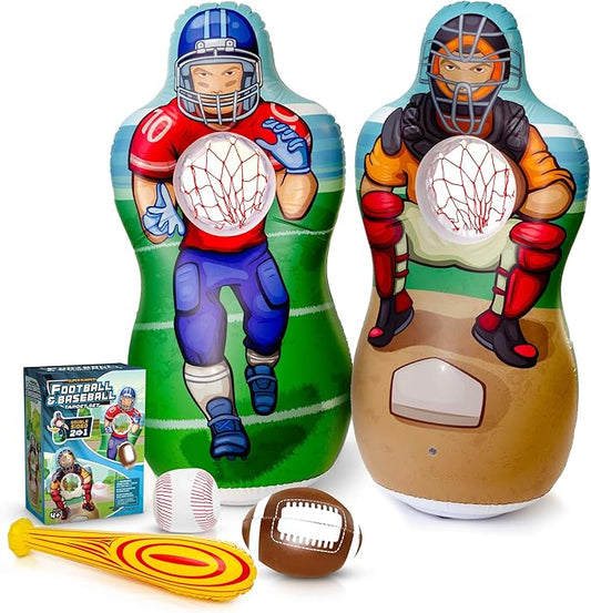 Inflatable Double-Sided Baseball & Football Target Set - Blow Up Toy with Soft Football, Baseball & Inflatable Bat - Fun Toss Games for Indoor, Outdoor, Backyard & Party Favor - 5 Feet