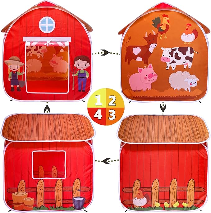 Kids Play Tent, Pop Up Barn for Kids, Indoor Outdoor Folding Portable Playhouse for Boys and Girls