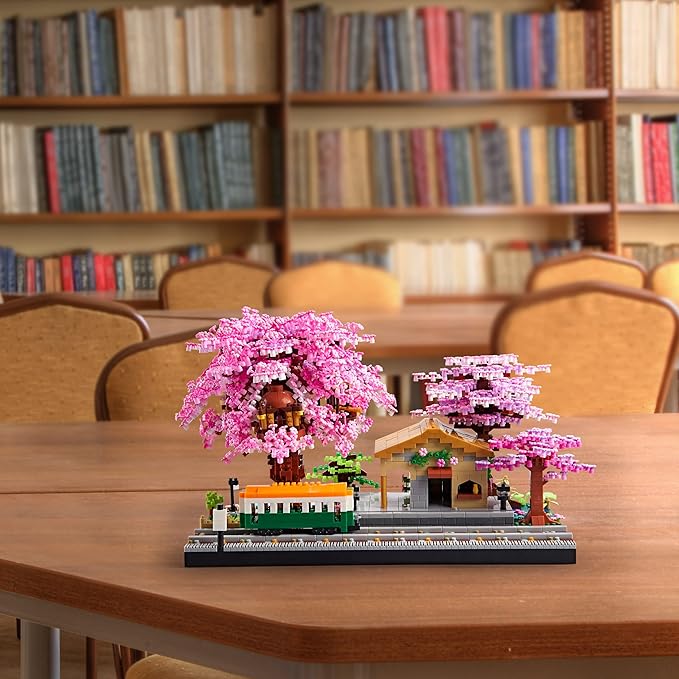 Japanese Cherry Blossom Train Station Micro Building Blocks Set - Creative Mini Bricks Model Kit for Adults and Kids (3668 PCS) with Figures