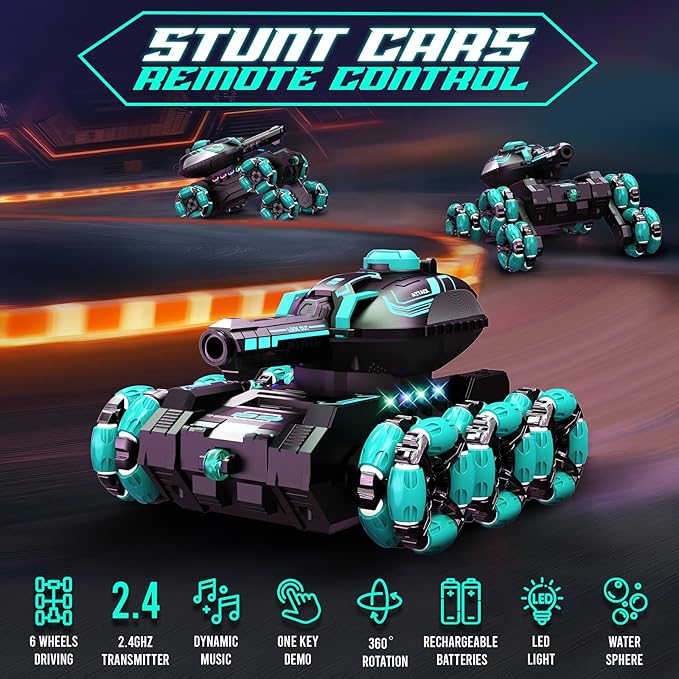 Remote Control Car for Kids, RC Cars Toys for Ages 8-13, 2.4GHz 360° Rotation 6WD RC Stunt Car Water Bomb Toy Birthday Gifts for 6 7 8 9 10 11 12 Year Old Boys Girls (Green)