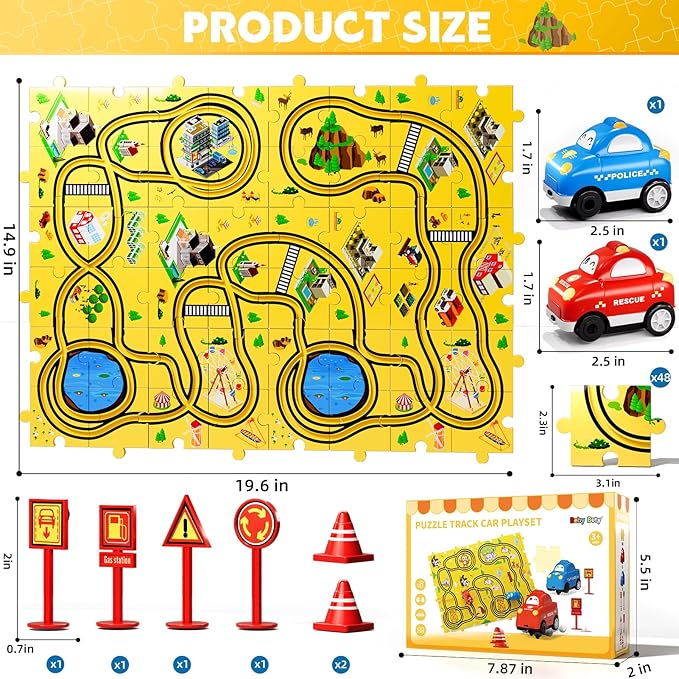 48 PCS Puzzle City Racer Car Track Set Toys for Kids Boys, Toys Gifts for 3 4 5 Year Old Boys, Puzzle Racer Kids Car Track Set Ages 3-5 4-6, Ideal 3 4 5 Year Old Boys Birthday Gifts