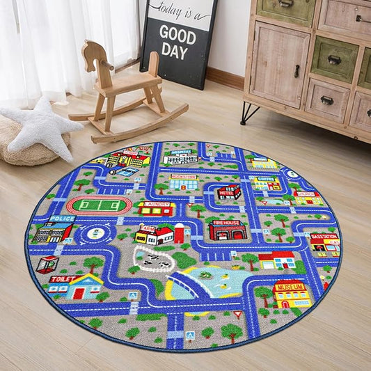 Capslpad Blue Car Road Kid Rug Carpet Playmat for Playoom Traffic Road Kids Play Mat for Toddler Non Slip Washable City Map Race Track Carpet Rug for Kids Room Bedroom Nursery Room Decor,4'x4'