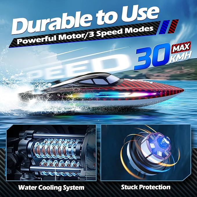 RC Boat 30KMH with 7Light Modes,Remote Control Electric Fast Speed Boat for Adults Kids 8-12 Lake Pool Water Play,Self-righting,Demo,Water Cooling,Full Waterproof,20 Mins,Low Battery Alert,2.4Ghz,Red