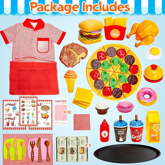 Restaurant Server Play Toys Set for Boys Girls Age 3-8, Role Play Set with Unisex Server Dress-Up Costume, Play Food, Play Money, Menu for Kids Play Kitchen, Restaurant,Xmas Stocking Stuffers for Kids