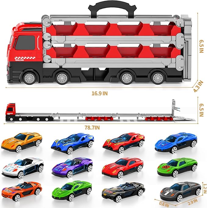 Racing Car Railway Truck Toy for Boys 2 3 4 5 6 7 Years Old - 78.7-inch Transport Carrier Trucks, Foldable Tracks Storage, die-cast Car, for Toddlers and Kids Aged 3-5