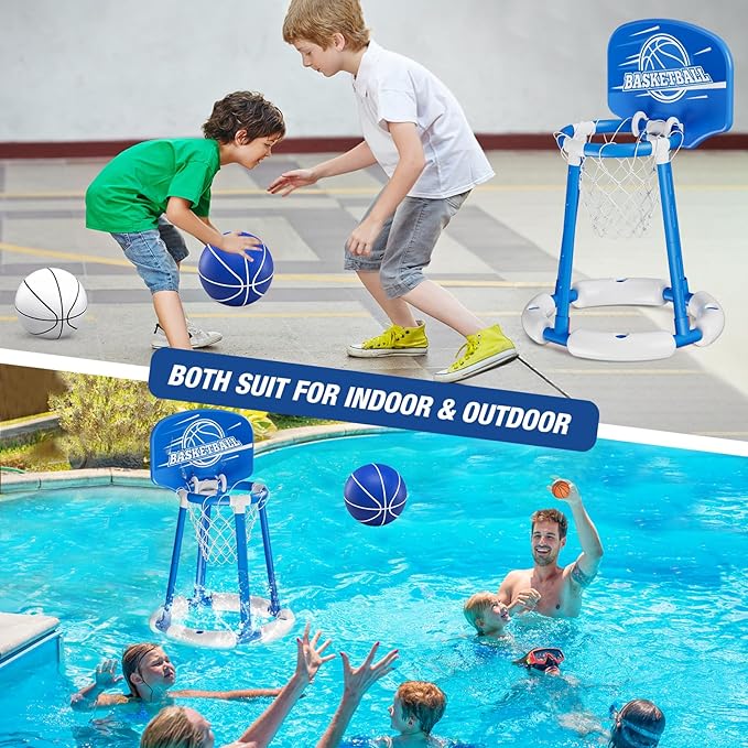 Pool Basketball Hoop Poolside with Backboard, Floating Pool Toys with 4 Basketballs/4 Water Balloons/Pump, Swimming Pool Games for Kids & Adults Indoor Outdoor Play, Blue