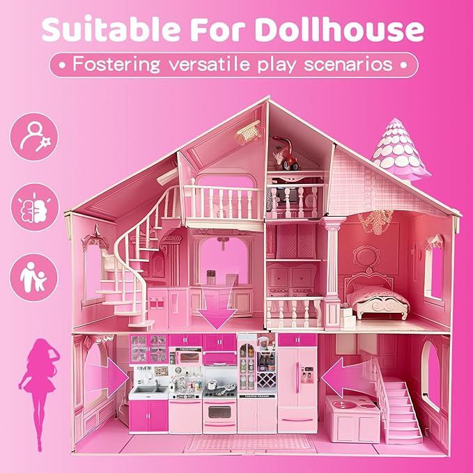 64 PCS Pink Kitchen Toys with Lights Sounds|Mini Kitchen House Furniture Sets for Kids Ages 4-8|Doll Playset Toys for Toddlers 3-5|Birthday Gifts for 3 4 5 6 7 8 Old Girls