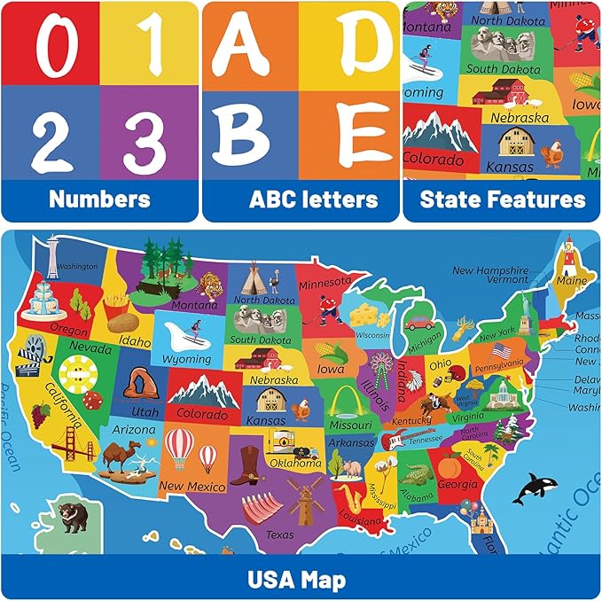 USA Map ABC Kid Rug 47x70.9IN for Playroom & Classroom - Fluffy, Non-Slip, Educational Baby Playmat with Alphabet Design