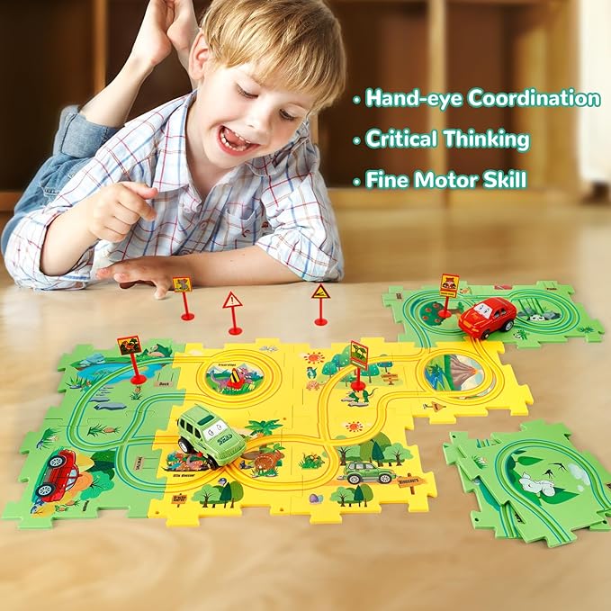 Plastic Floor Puzzles for Kids with 2 Cute Vehicles, Puzzle Racer Kids Car Track Set, Montessori Toys for 3 4 5 6 Year Old Boys, Gifts for 3 4 5 6 Year Old Boys, Toys for Ages 2-4