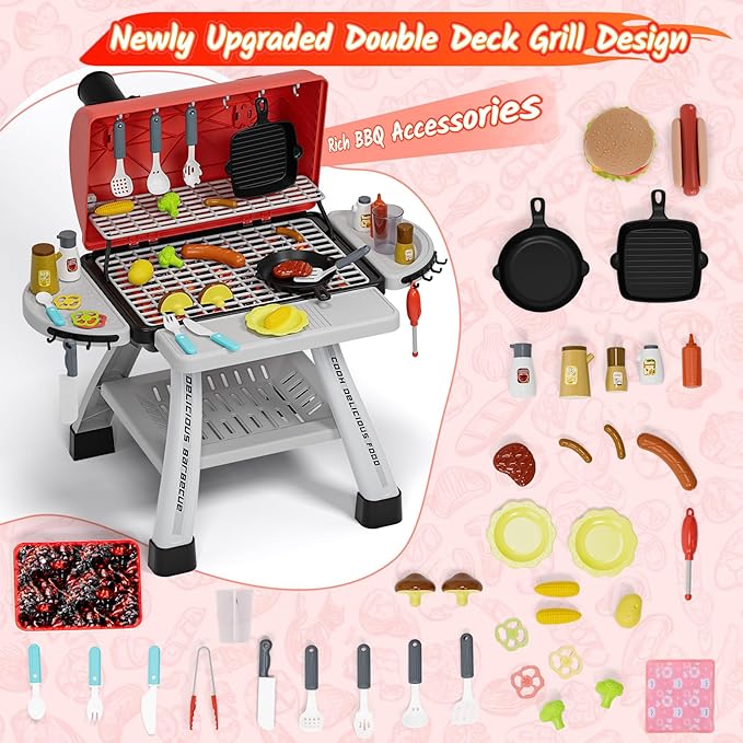 Kids Toys Kitchen Playset, BBQ Grill Playset with Smoke, Sound & Light, Toy Grill for Kids, Pretend Play Food Hamburger, Interactive Toys Barbecue Cooking Game for Toddlers Boys Girls 3-5