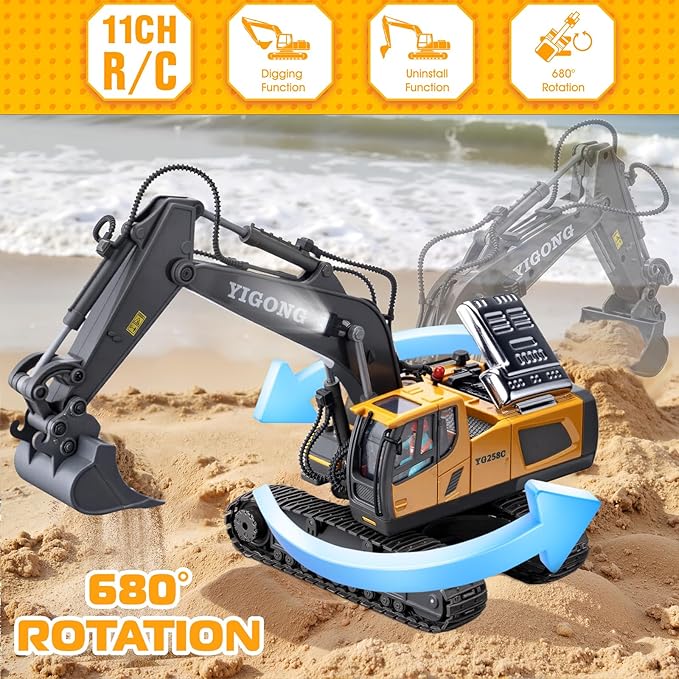 Remote Control Excavator Toys, 11 Channel 1:20 RC Construction Vehicles, 680° Rotation Hydraulic Car Toys for 4 5 6 7 8 9 10 Year Old Boys Kids, RC Truck Digger Toys Christmas Birthday Gifts