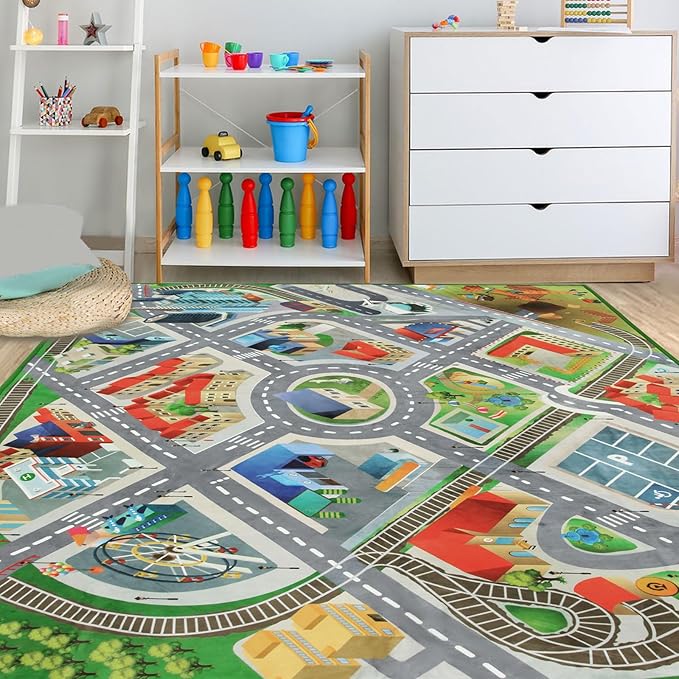 Large Kids Carpet Play Mat Rug for Playroom, 60'' x 84'’ Car Rugs Mat for Kids Toy Cars, City Life with Road Traffic Playmat Rugs Great for Kids Bedroom Play Room Boy Room Decor, Grey