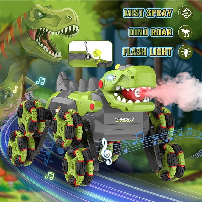 Dinosaur Remote Control Car - 8WD RC Toys for 4 5 6 7 8 Year Old Boys, 2.4Ghz RC Transform Stunt Monster Car with 360°Rotating/Spray/Roar, Birthday Xmas Gifts for Kids Age 4-6 5-7 8-12