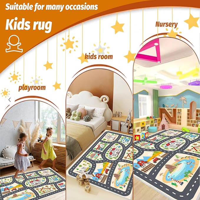 Kids Car Rug Play Mat Carprt for Playroom Classroom, largr Educational Area Rugs with Non-Slip Backing, City Life Play Carpet for Playing Cars Toys Ideal Gift for Children Boy Girl 2.6x3.9ft