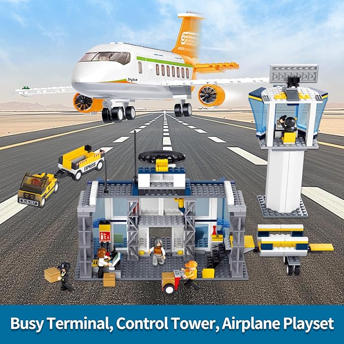 Airplane Building Set, City Airport Passenger Plane Toy for 6+ Year Old Boys and Girls, Compatible with Lego Plane, with an Airplane, Control Tower, Terminal, Baggage Cart, and 8 Minifigures
