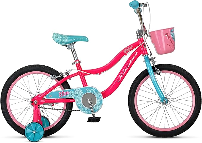 Schwinn Elm BMX Style Toddler and Kids Bike, For Girls and Boys, 18-Inch Wheels, With Training Wheels, Chain Guard, and Front Basket, Recommended Height 42-52 Inch, Pink