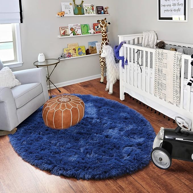 ONASAR Navy Blue Round Area Rug 4ft, Soft Bedroom Circle Rugs Floor Mat for Kids Girls Boys Teen Room, Fluffy Plush Shaggy Carpet for Baby Nursery Living Room Playroom Dorm Home Decor
