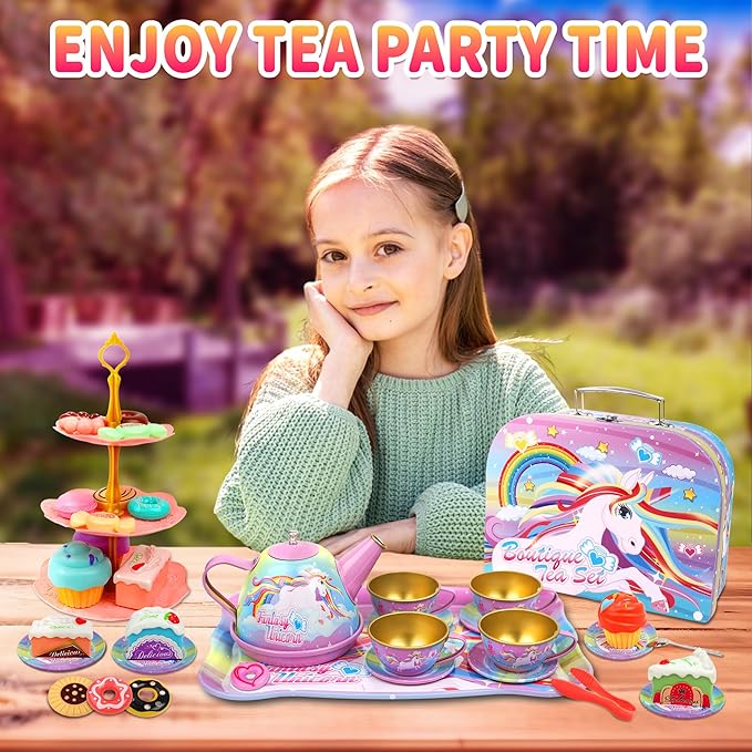 SMILESSKIDDO 46pcs Tea Party Set for Little Girls - Princess Tea Party Set,Kids Kitchen Pretend Play Toys - Toddler Tea Party Sets for Girls 3-5, Girls Tea Party Set Gift for 3 4 5 6 Girl(Unicron)