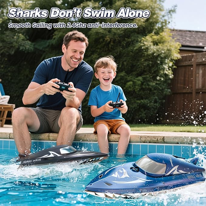 Shark RC Racing Boat for Kids & Adults,2.4GHz High Speed Remote Control Boat W/ Dual Battery 50 Min Runtime,Waterproof,Fast Remote Control Toy Gift Kids 8-12, Ideal for Pools & Lakes,Shining Blue