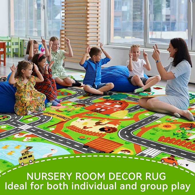 Kids Rug Play Mat for Toy Cars, 59"×78.7" Farm Life Road Traffic for Playroom Kids Car Road Rugs Village Map Play Mat Non-Slip Washable Play Rug for Toddler Room Family Tummy Time Playtime