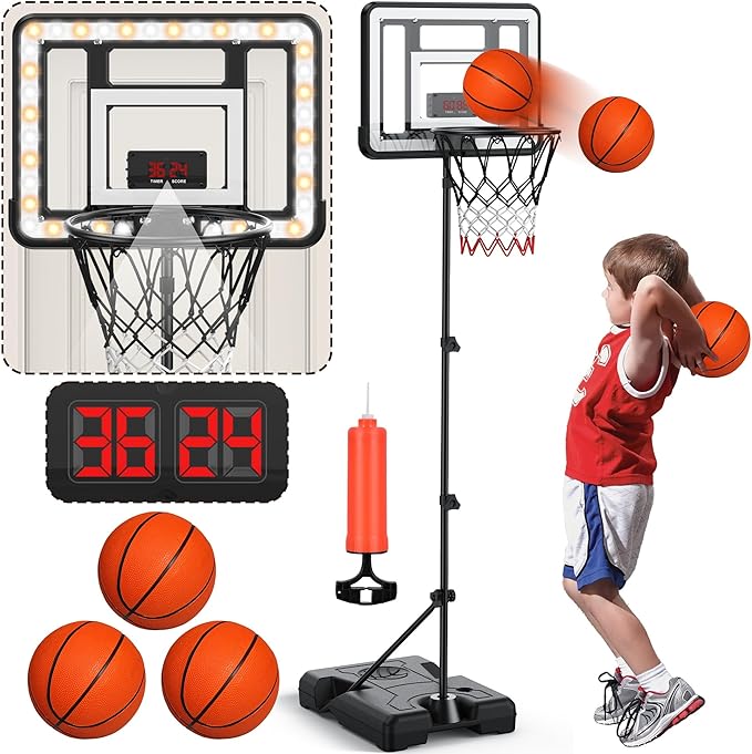 Kids Indoor Basketball Hoop with Scoreboard & Timer,Toddler Adjustable Height 3ft-5.8ft Basketball Hoop with Stand Goal Toy for Outdoor Backyard,Sports Game Play for Boys Age 3-8