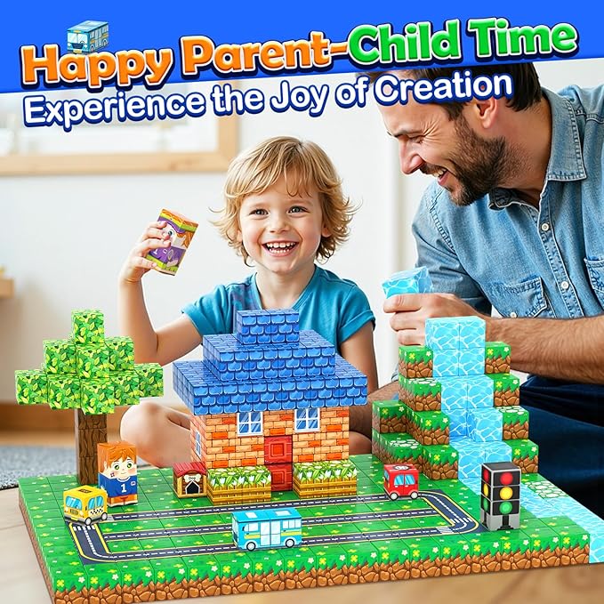 100PCS Magnetic Blocks - Build Mine Magnet World Road Set, Magnet Building Blocks Toddler Toys Creative Kids Games, STEM Sensory Toys for Kids 3+, 1'' Magnetic Cubes Classroom Must Haves Toy Gifts