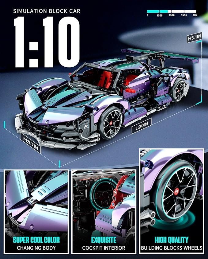 BAV Super Plated Sports Car Building Kits, Adult Collectible Model and Race Engineering Toy Set, 1:10 Scale Electric Driftable Remote Control Sports Car for Adults Men Teens