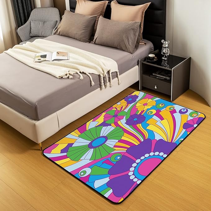 Psychedelic Flowers Area Rug 3x5 Hippie Rug Retro 60S 70S Groovy Power Floral Carpet for Kids Teen Adults Colorful Blossom Purple Green Trippy Non Slip Decorative Rug for Living Room