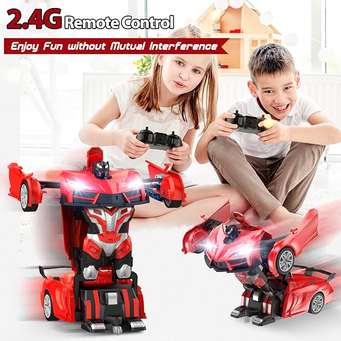 Remote Control Car，Transform Robot RC Cars with Cool LED Headlights, 2.4Ghz Toys Car with 360 Degree Rotation and One-Button Deformation, Christmas Birthday Gifts for Boys Girls(Red)