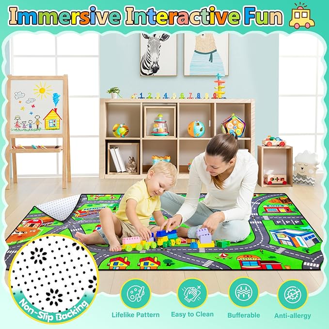 Kids Rug, City Road Rug for Kids, 4x6 Ft Car Rugs for Toy Cars, Realistic Colors Perfect for Children and Baby Playmat, Non-Slip Classroom Carpet