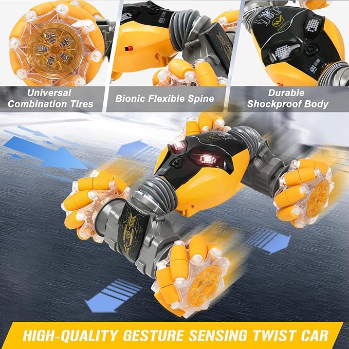 RC Cars Gesture Remote Control Car with Light Music 1:12 Hand Controlled Rc Car 2.4GHz 4WD Rc Stunt Car Gesture Sensing Double Sided 360° Rotation Off-Road Vehicle for Boys Girls(Yellow,Pro)