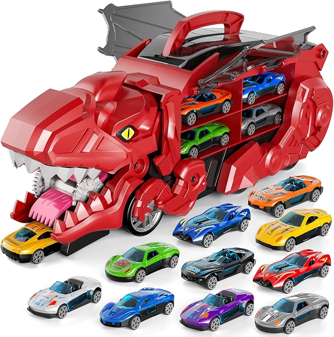 iHaHa Toddler Truck Toys for 3 4 5 6 Years Old Boys, Toys Cars Track Set Dinosaur Transporter Truck with 10 Die-Cast Car Toys, Transforms into Dino, Toddler Car Toys Set for Kids Boys Girls