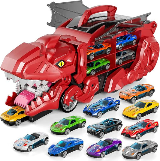 iHaHa Toddler Truck Toys for 3 4 5 6 Years Old Boys, Toys Cars Track Set Dinosaur Transporter Truck with 10 Die-Cast Car Toys, Transforms into Dino, Toddler Car Toys Set for Kids Boys Girls