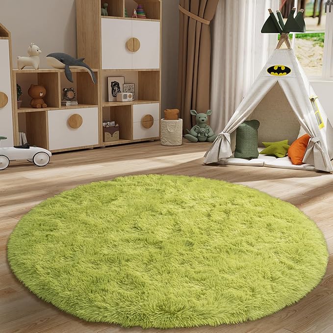 LOCHAS Luxury Round Fluffy Area Rugs for Bedroom Kids Girls Room Nursery, Super Soft Circle Rug, Cute Shaggy Carpet for Children Living Room, 5x5 Feet Green