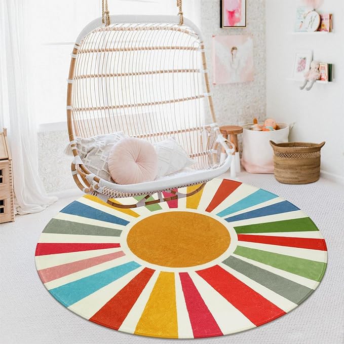 STARUIA Boho Washable Rug 5 Ft Round Area Rug for Bedroom, Rainbow Circle Kids Rugs for Office, Non-Slip Circluar Carpet Soft Sunshine Rugs for Dorm Nursery Sofa Living Room Corner