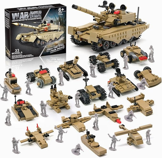 Army Tank Toy Building Blocks Set Compatible with Lego, Create a Armored Tank or 16 Small Military Models, with Toy Soldiers, Great Army Men Toys Gifts for Boys Kids and Teens Age 6+ Year Old