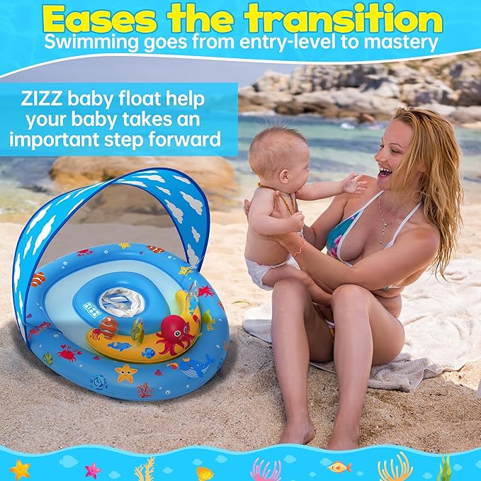 ZIZZ Baby Pool Float with Canopy - 2025 New Inflatable Baby Swim Float with UPF50+Sun Protection, Baby Infant Pool Float with Toy Play Console Adjustable Seat for Toddler Kids Aged 6-36 Months