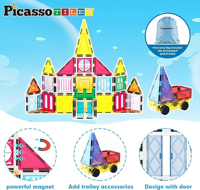 PicassoTiles Magnetic Tiles 101pc Magnet Tile Building Blocks Construction Sensory Toy Set with Storage Carry Case Drawstring Bag STEM Kids Learning Educational Pretend Play Boy Girl Ages 3+ & Up PT06