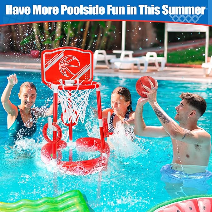 Pool Basketball Hoop, 2-in-1 Poolside Floating Pool Basketball Game, Swimming Pool Games for Kids Adults Indoor Outdoor Play, Water Play Toy Family Party, includes Hoop, Balls, Pump, Backboard, Red