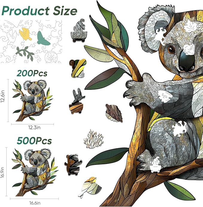 Wooden Puzzles for Adults, Koala Jigsaw Puzzles 200 Pieces, Unique Shaped Puzzle for Adults and Kids, Christmas Birthday Gift Family Game 12.4 x 12.6 Inch