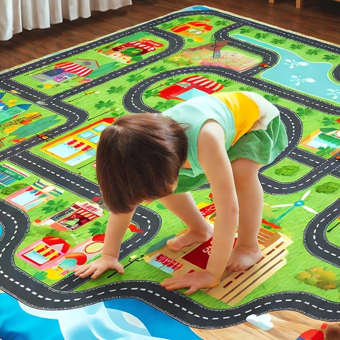 Car Rug,Kids Play Rug with Roads,Playroom Non Slip Car Track City Map for Bedroom Classroom - (78.7X59 Inches)
