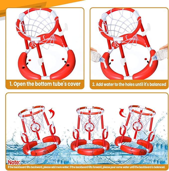 SpringFlower Pool Basketball Hoop,Floating Pool Toys Ring Game with Ring Toss, Balls and Pump, 2-in-1 Summer Outdoor Swimming Pool Basketball Games Play Toy Family Party for Kids Adults, Red