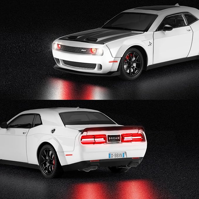 SASBSC Hellcat Toy Cars for Boys Age 3-12 1:24 Challenger Diecast Car Toys Metal Car Model with Light & Sound Collectable Muscle Super Cars for Kids (White)