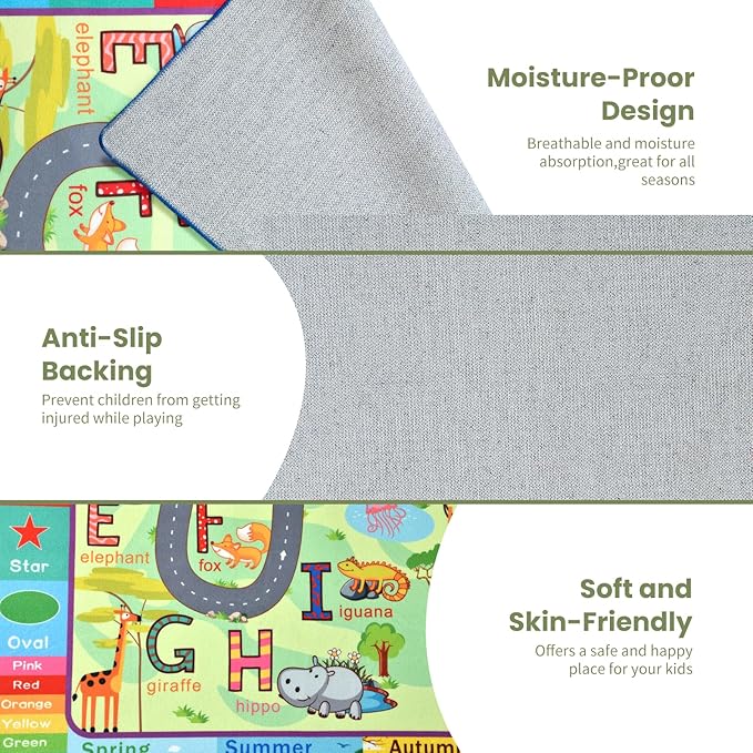 Terrug Kids Rug for Playroom & Classroom, Washable Nursery Carpet, Non-Slip Play Mat - ABC, Numbers, Animal, Color, Season - 3x5 Feet