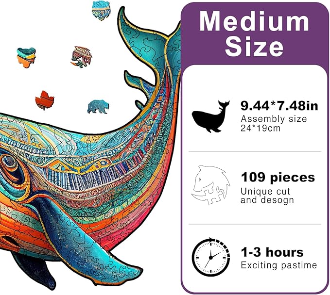 Wooden Puzzles for Adults, Whale Unique Shaped Wooden Jigsaw Puzzle, Ocean Animals Wood Cut Puzzles, Birthday Holiday, 107 Pieces, 7.28"x8.46"