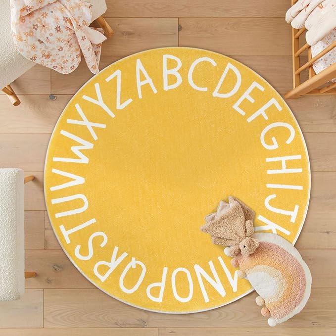 Topotdor Round Kids Play Rug Alphabet Nursery Area Rug Extra Large Soft Crawling Play Mat for Children Toddlers Bedroom (63 inch, Yellow)